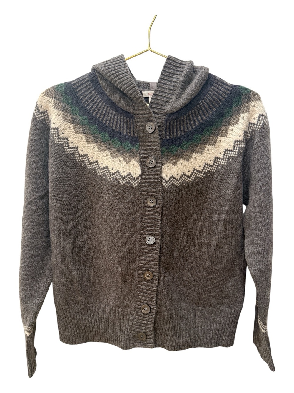 Sundance 100% Lambswool Fair Isle Hooded Cardigan Sweater Small Gray Boho